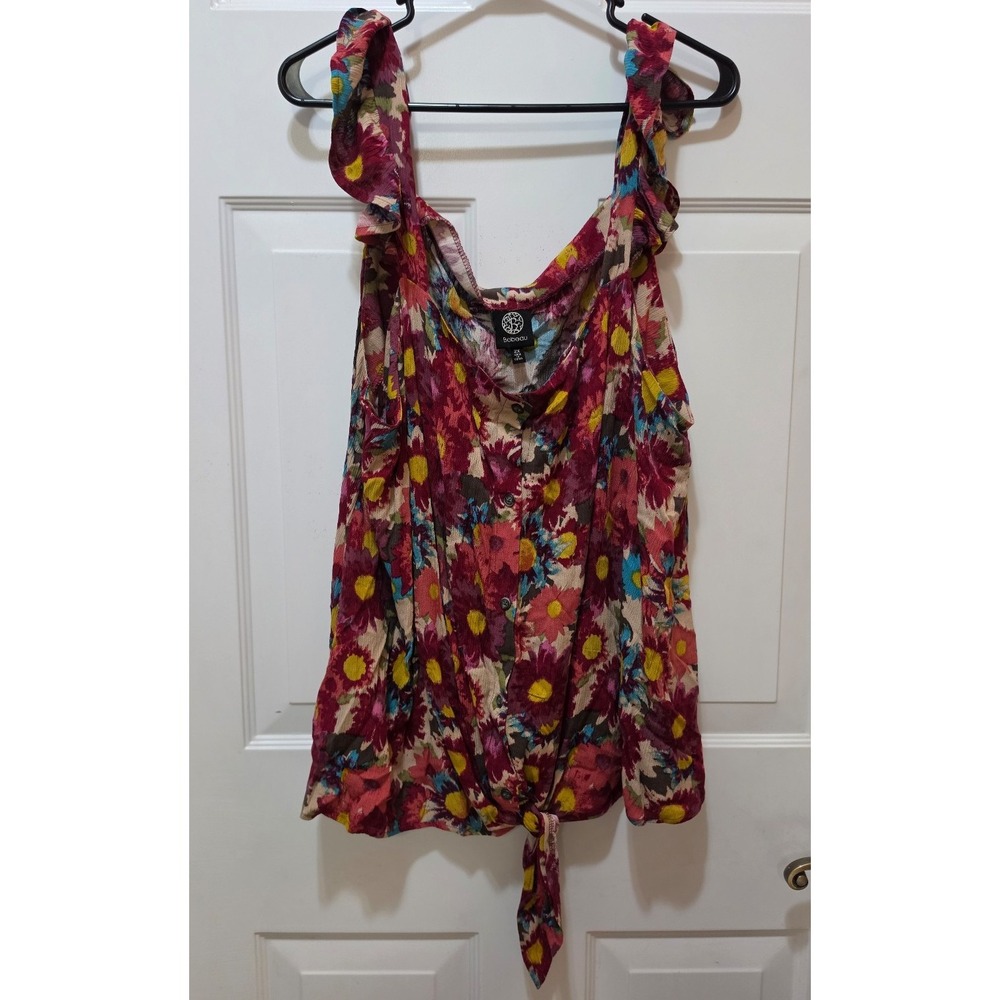 NWT Bobeau Women's Plus Size 2X Floral Ruffle Sleeve Tie Front Tank Top Blouse